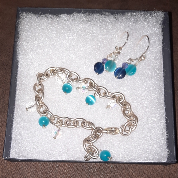 Set bracelet & earrings silvertone cat's eye glass and faceted clear beads - Picture 3 of 9